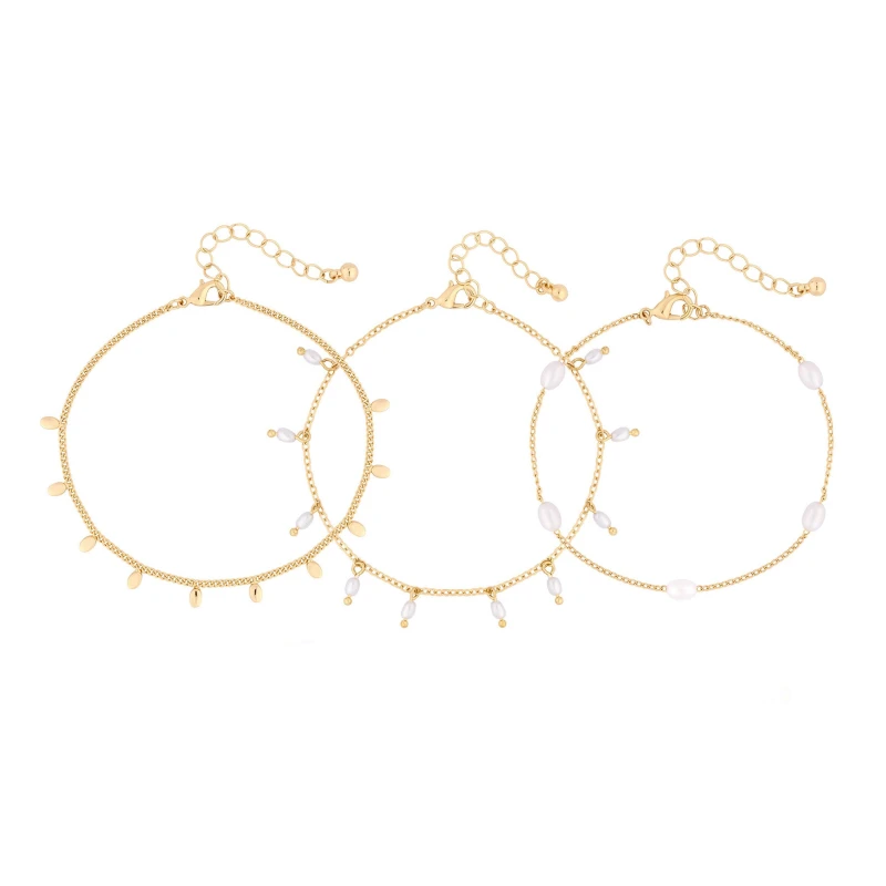 Image of Mood Gold Cream Pearl And Crystal Anklets - Pack of 3 Anklets One Size Gold 87939810000