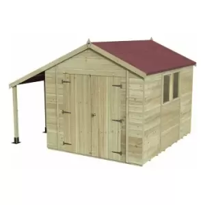 Image of 10' x 8' Forest Premium Tongue & Groove Pressure Treated Double Door Apex Shed with Logstore (3.06m x 2.52m) - Natural Timber