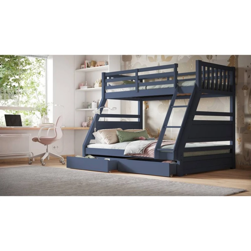 Image of Flair Ollie Wooden Triple Bunk Bed with Drawers in Blue Size: Double Blue Unisex Double