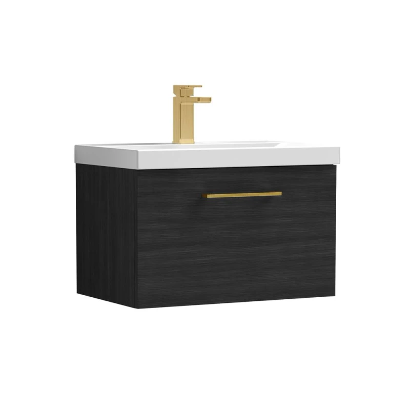 Image of Balterley 600mm Wall Hung 1 Drawer Vanity Unit, Woodgrain Black, Brass Handle in Black Unisex