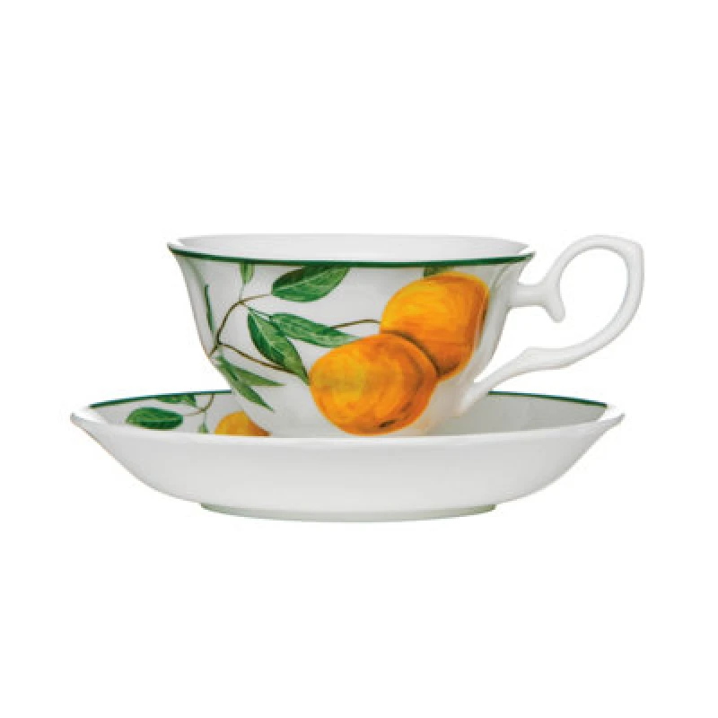 Image of Premier Housewares Elegant Design Fruits Orange Grove Cup And Saucer, Durable Tea Set, Bone China Cup And Saucer For Bedroom Multi