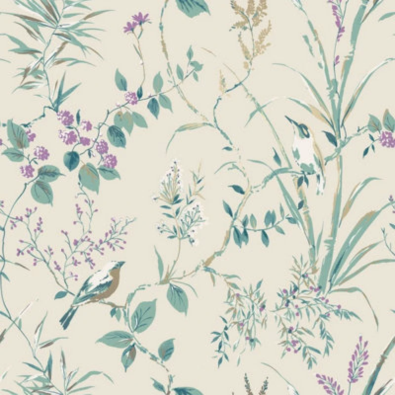 Image of FINE DECOR Fine Decor - Floral Birds Wallpaper Teal Plum Gold Metallic Flower Shimmer Mariko WL-M1554