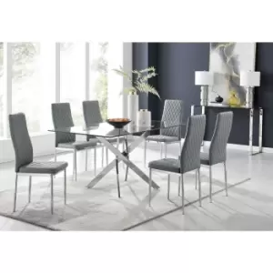 Image of Furniturebox UK - Furniturebox Leonardo 150cm Modern Glass And Chrome Metal Leg Dining Table And 6 Elephant Grey Milan Faux Leather Silver Chrome Leg
