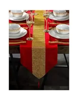 Image of Waterside 7 Piece Velvet Diamante Red And Gold Christmas Runner And Placemats Set