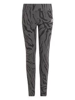 Image of adidas Furure Icons Junior Girls All Over Print Tight, Dark Grey, Size 7-8 Years