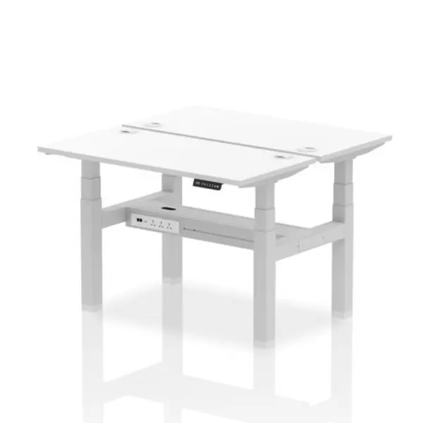 Image of Air Air Back-to-Back 1200 x 600mm Height Adjustable 2 Person Bench Desk White Top with Cable Ports Silver Frame HASCP2P12600WHTS