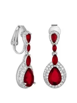 Image of Jon Richard Rhodium Plated Double Pave Halo Ruby Cubic Zirconia Peardrop Earrings, Silver, Women