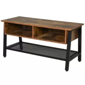 Image of Homcom TV Stand 2 Compartments And Mesh Shelf With Cable Holes Black Metal Frame Rustic Wood Finish