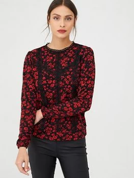 Image of Oasis Ditsy Lace Trim Blouse - Red, Size XS, Women