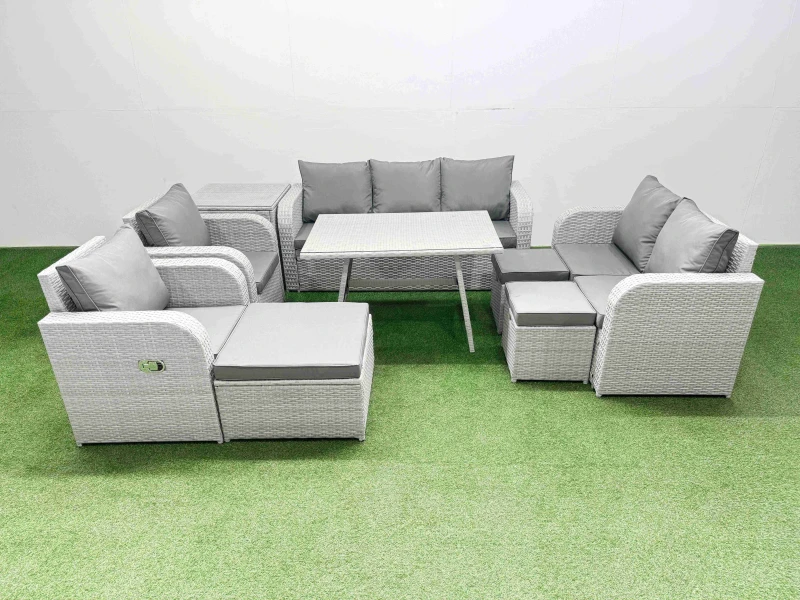 Image of Fimous Outdoor Rectangular Table Sofa Set with Reclining Chair 3 Stools in Light Grey Light Grey Unisex