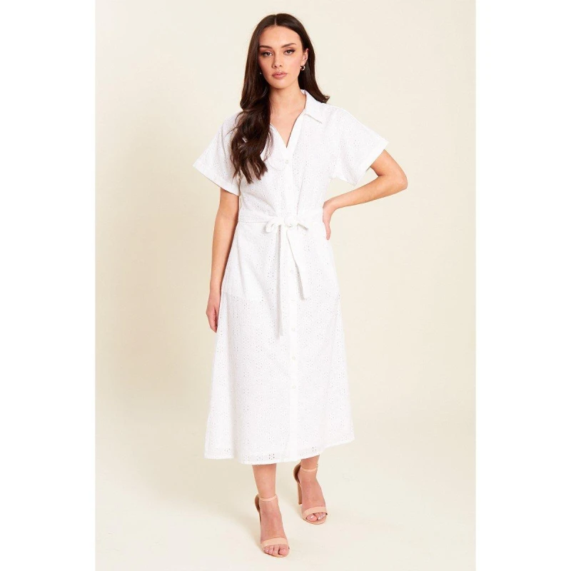Image of Be You Broderie Tie Waist Midi Dress - White White 8