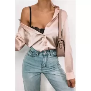 Image of I Saw It First Nude Satin Button Through Shirt - Brown