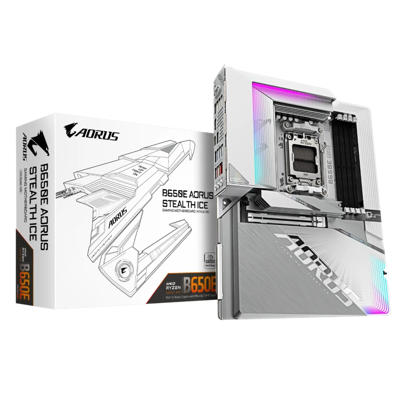 Image of Gigabyte Gigabyte B650E AORUS STEALTH ICE Motherboard - Supports AMD Ryzen 9000 CPUs 12+2+2 phases VRM up to 8000MHz DDR5 (OC) 1xPCIe 5.0 M2 + 3xPCIe