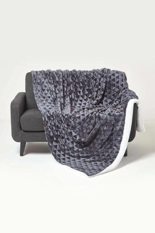 Image of Homescapes Dark Grey Geometric Triangle Velvet Throw, 200 X 230Cm