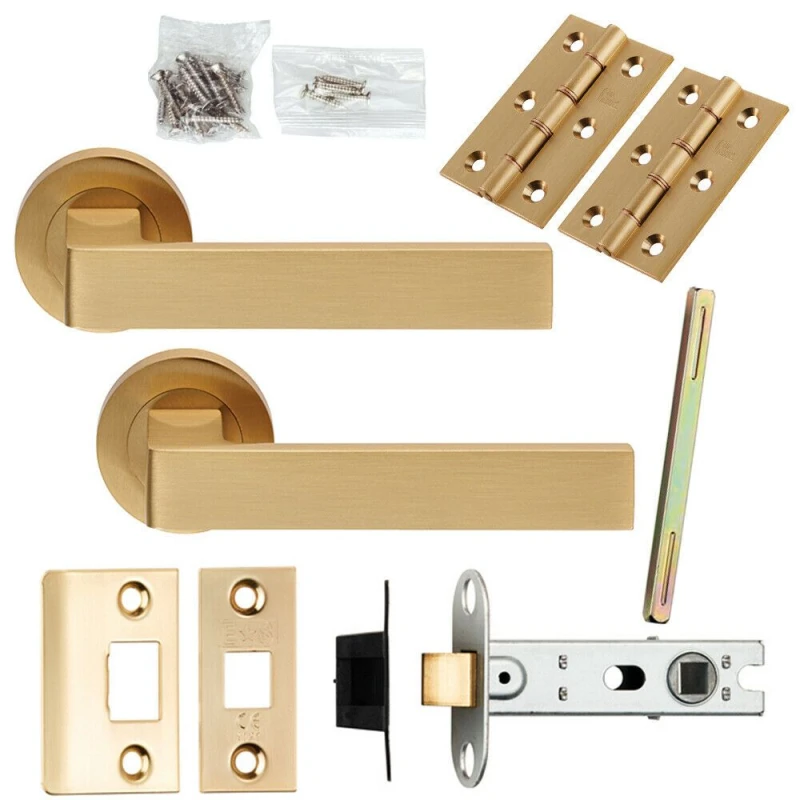 Image of Loops Door Handle & Latch Pack Satin Brass Straight Lever Screwless Round Rose Metallics