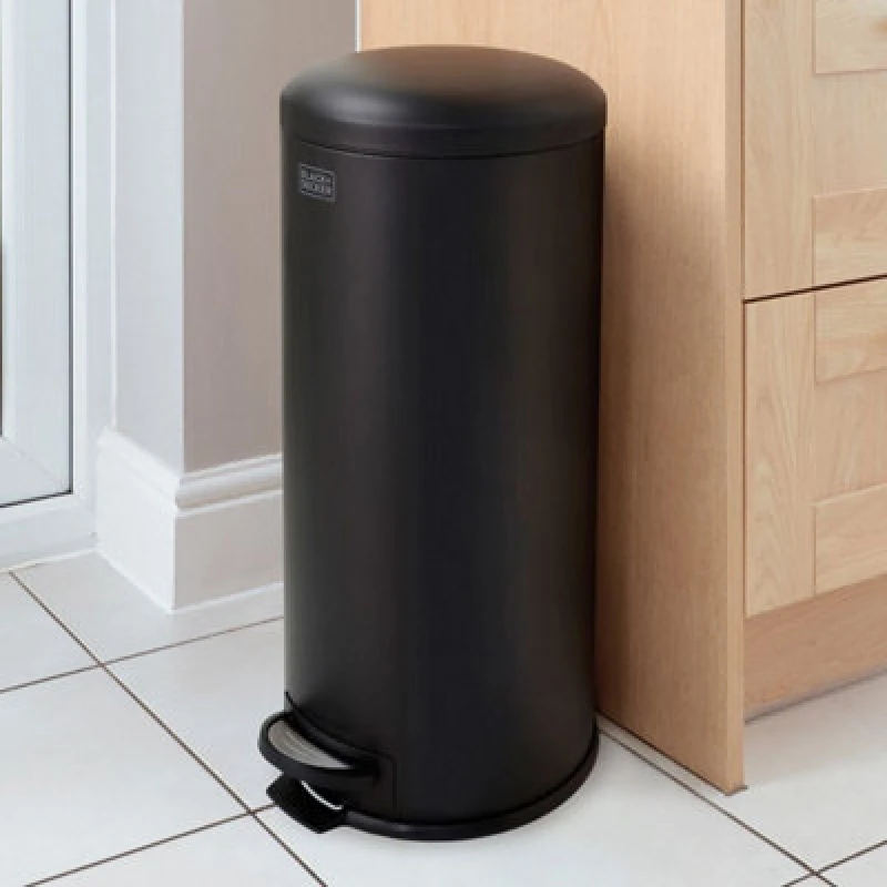 Image of Black + Decker 30L Dome Lid Pedal Bin - Matt Black