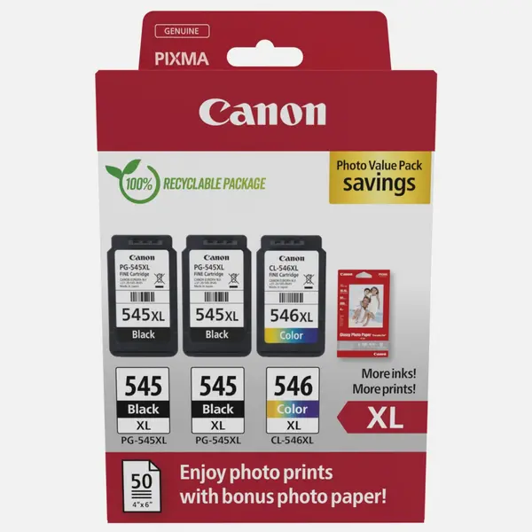 Image of Canon PG-545XL x2/CL-546XL High Yield Ink Cartridge + Photo Paper Value Pack