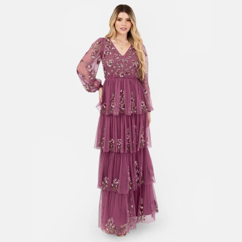 Image of Maya Deluxe Maya Purple Embellished Maxi Sleeve Tiered Maxi Dress Rose female 6 (2XS)