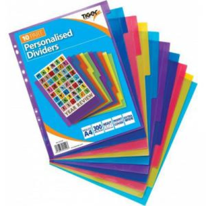Image of Tiger Personalised 10 Part Polypropylene Dividers A4 Assorted...