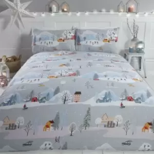 Image of Rapport Winter Town Double Duvet Cover Set Christmas Bedding Bed Set Festive Xmas - Grey