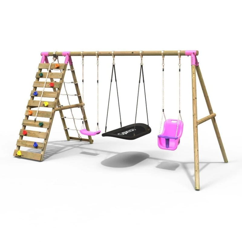Image of Rebo Wooden Swing Set with Baby Seat, Boat Swing and Climbing Wall - Skye Pink Pink