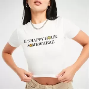 Image of Missguided Happy Hour Embroidered Cropped T Shirt - White