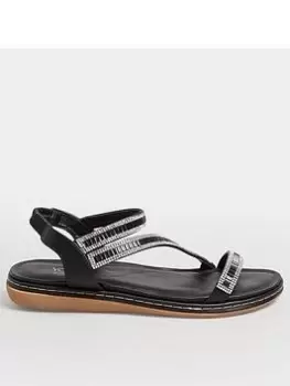 Image of Yours Wide Fit Strappy Asymetric Sparkle Flat Sandal Black, Size 8E, Women