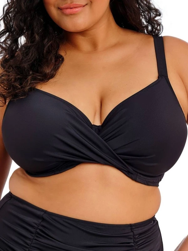Image of Elomi Womens Plain Sailing Wrap Plunge Bikini Top in Black Size: 42FF Black Female 42FF