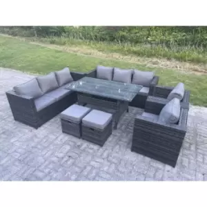 Image of Fimous 8 Seater Outdoor Dark Grey Rattan Lounge Complete Sofa Set with Rectangular Dining Table and 2 Stools