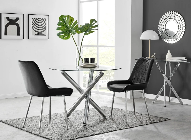 Image of FurnitureboxUK FurnitureboxUK Selina Round Glass Chrome Leg Dining Table and Pesaro Silver Leg Chairs in Black Size: 2 Person Black 2 Person Unisex