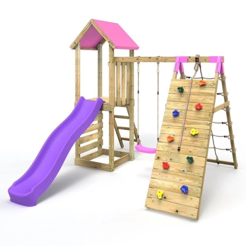 Image of Rebo Wooden Climbing Frame with Swing, Up-and-Over Climbing Wall and Slide - Bear Pink Pink