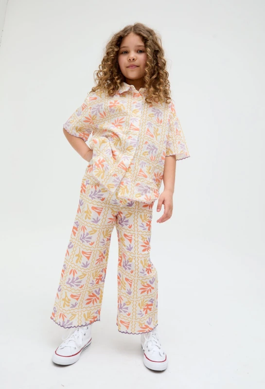 Image of Raffya Girl's Gilly Scallop Edge Matisse Print Trouser In Multi in Ecru Size: 7 Years Ecru Female 7 Years