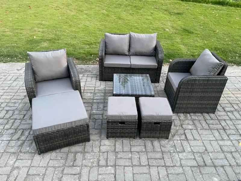 Image of Fimous Rattan Garden Furniture Set Patio Conservatory Indoor Outdoor 7 Piece Set with Love Sofa Coffee Table Footstools Dark Grey