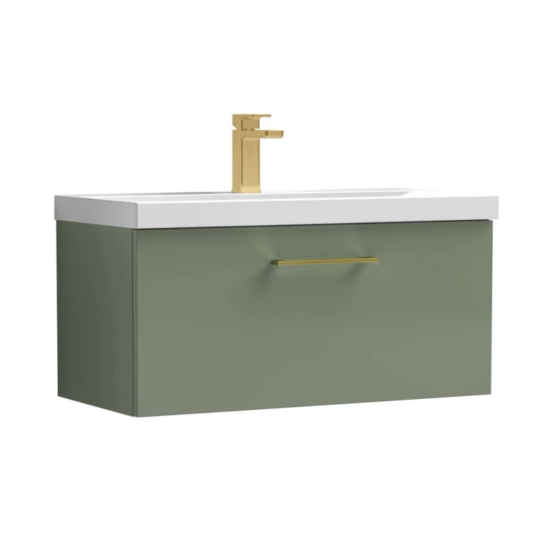 Image of Balterley 800mm Wall Hung 1 Drawer Vanity Basin Unit, Satin Green, Brass Handle in Green Green Unisex