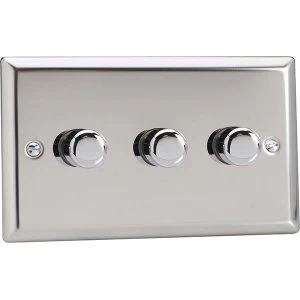 Image of Varilight Classic 3-Gang 2-Way Push-On/Off Rotary LED Dimmer TwinPlate - Mirror Chrome - JCDP303