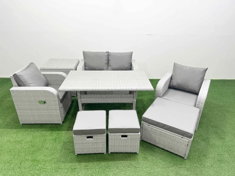 Image of Fimous Light Grey PE Wicker Rattan Garden Furniture Set Sofa Set Reclining Chair Rectangular Dining Table 7 Seater 3 Stools Side Table Light Grey