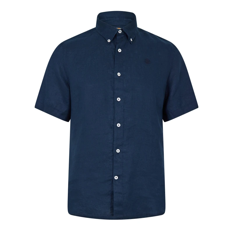 Image of Timberland Mens Linen Short Sleeve Oxford Shirt Dark Sapphire male S