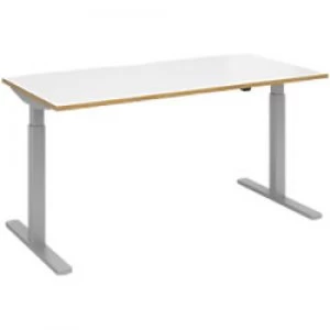 Image of Elev8² Sit Stand Single Desk with White & Oak Edge Coloured Melamine Top and Silver Frame 2 Legs Mono 1600 x 800 x 675 - 1175 mm