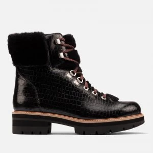 Image of Clarks Womens Orianna Croc Print Leather Hiking Style Boots - Black - UK 6