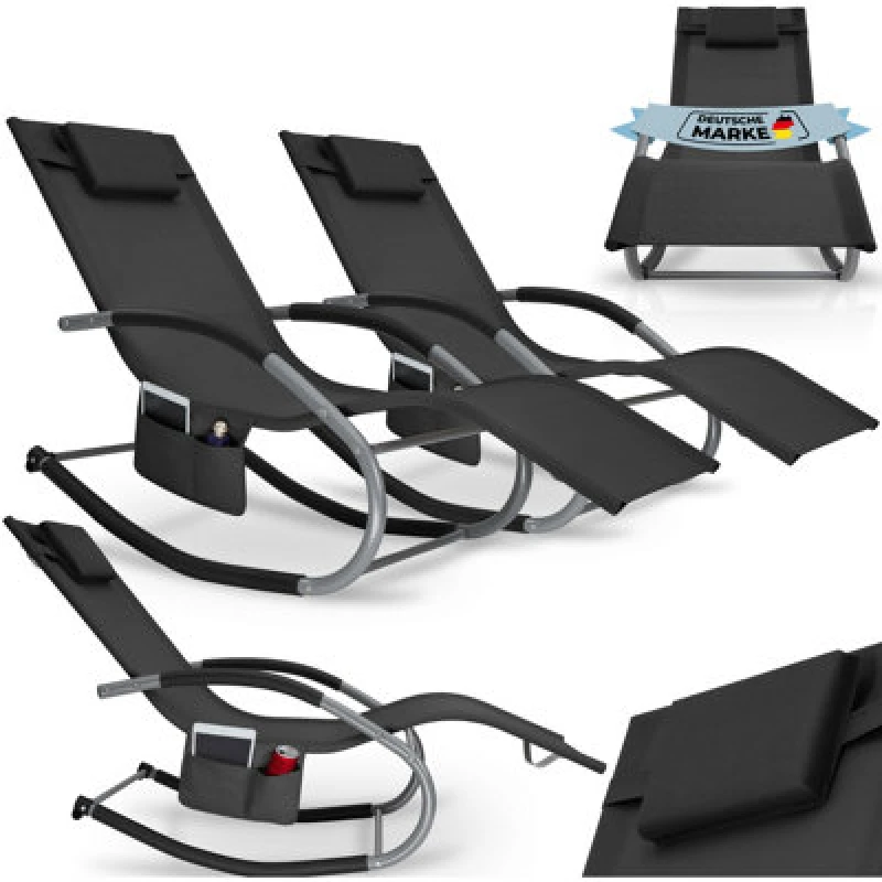 Image of Tectake Set Of 2 Sun Lounger Taya With A Modern Design, Rocking Function And Breathable Surface - Black