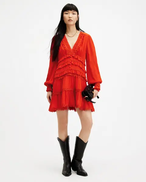 Image of AllSaints Zora Ruffle V-Neck Mini Dress