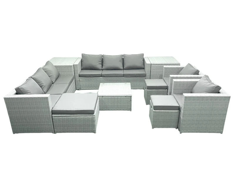 Image of Fimous Outdoor Rattan Sofa Garden Furniture Set with 2 Armchairs Square Coffee Table 3 Footstools 2 Side Tables Light Grey Mixed Light Grey