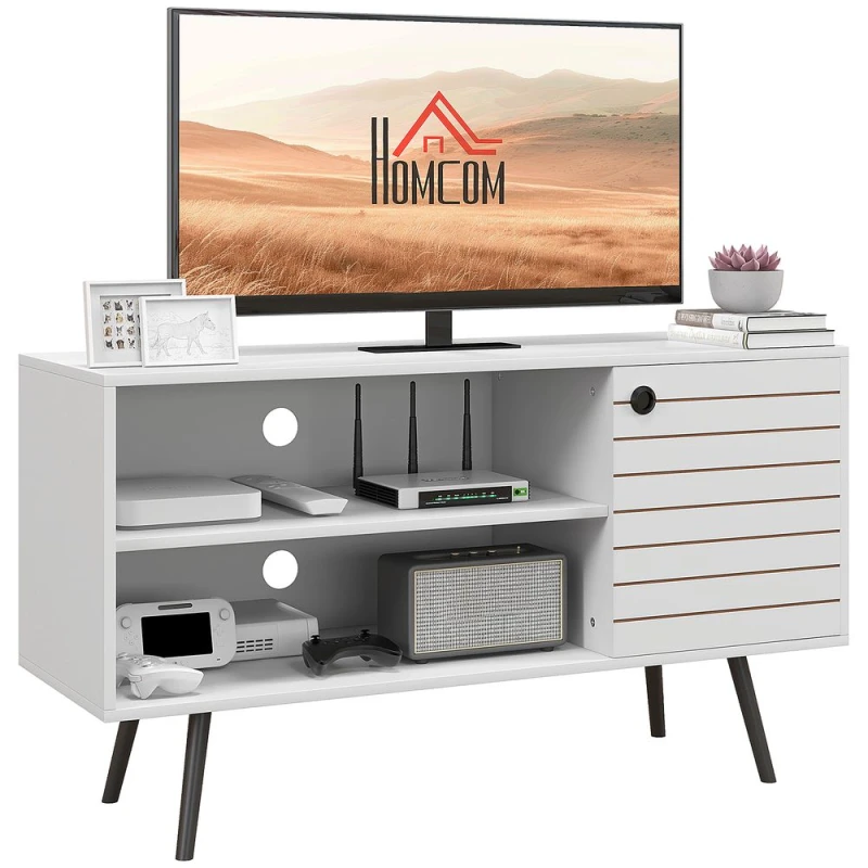 Image of HOMCOM TV Unit for 50" TVs with 2 Open Shelves - Door and 2 Cable Holes - White TJ Hughes 5056725542580