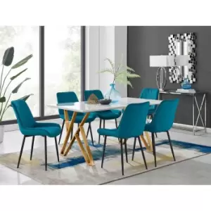 Image of Furniture Box Taranto White High Gloss Dining Table and 6 Blue Pesaro Black Leg Chairs