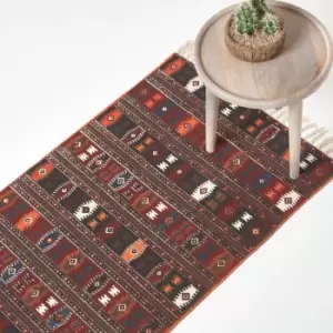Image of Cotton Kilim Printed Rug Terracotta,Black and Brown Design,66 x 200cm - Multi Colour - Homescapes