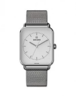 Image of David Daper David Daper White And Silver 38Mm Tank Dial Stainless Steel Mesh Strap Watch