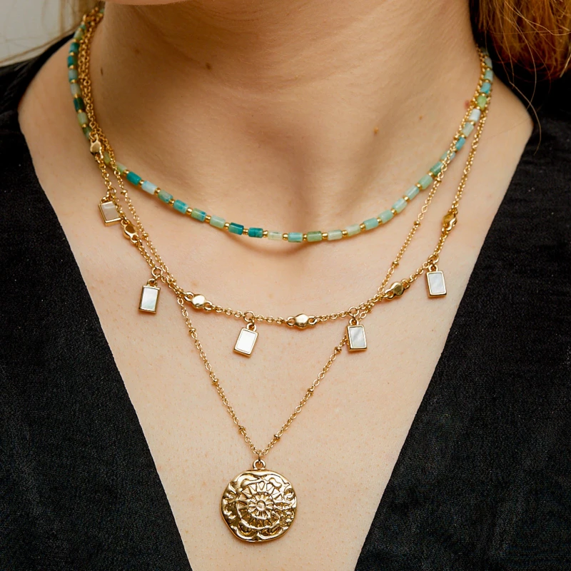 Image of Mood Gold Blue Bead And MOP Charm Necklaces - Pack of 3 Necklaces One Size Gold 87956510000