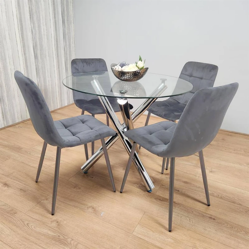 Image of KOSY KOALA Clear Glass Round Chrome Legs Table 4 Grey Velvet Chairs Dining Room Grey Unisex