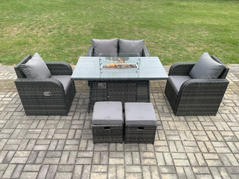Image of Fimous Rattan Outdoor Garden Furniture Sofa Set Gas Fire Pit Dining Table Gas Heater with Love Sofa 2 Small Footstool Dark Grey Mixed Dark Grey