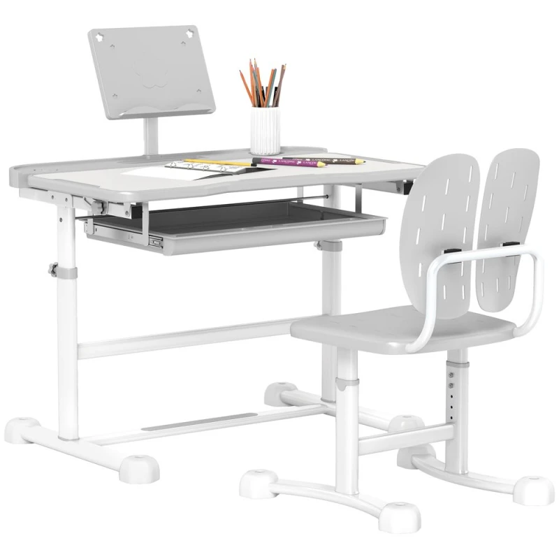 Image of Aiyaplay Height Adjustable Kids Desk And Chair Set W/ Tilted Desktop - Grey 312-122V80GY